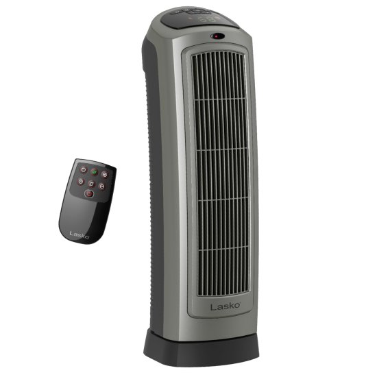 Lasko 22\" 1500W Oscillating 2- Speed Ceramic Tower Space Heater with Remote, Gray, 5538