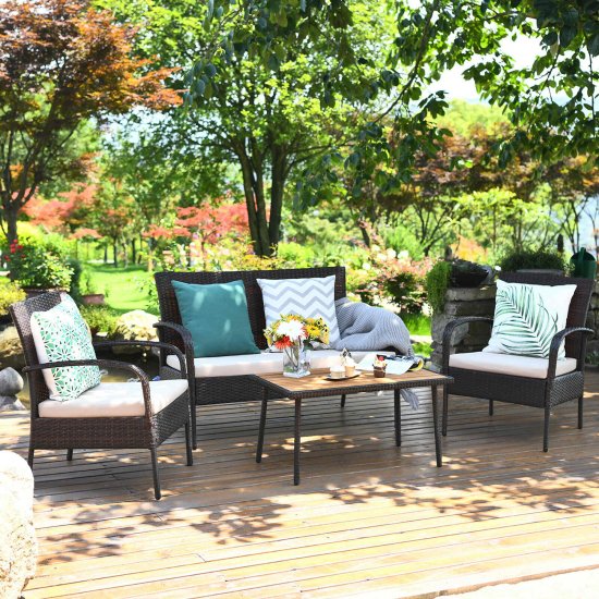 Costway 4PCS Patio Rattan Furniture Set Outdoor Conversation Set Coffee Table W/Cushions.