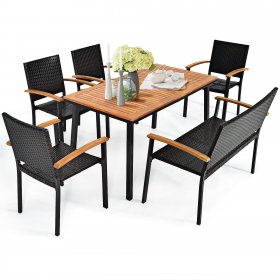 Costway 6 PCS Patio Rattan Dining Set Acacia Wood Table Stackable Chair Bench