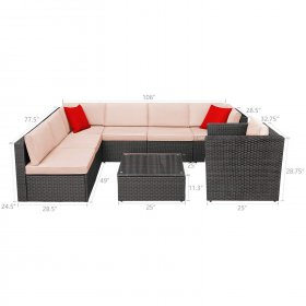Lacoo 8 Pc Outdoor Patio Indoor Sectional Set, Brown Wicker with Table, Beige