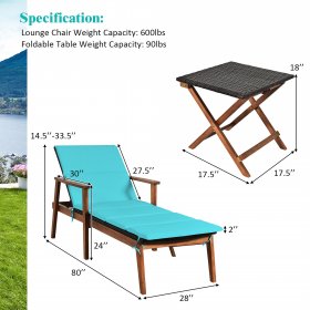 Costway 3PCS Patio Rattan Lounge Chair Folding Table Set Chaise Wood Cushioned Turquoise, Blue