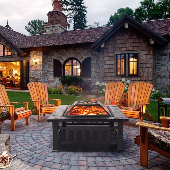 Multifunctional Fire Pit Table, 32 Fireplace Heater/Ice Pit, Square Metal Fire Pit Stove with Screen Lid and Log Poker for Backyard Garden Camping Picnic Bonfire