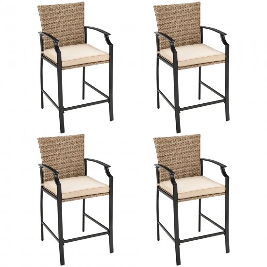 Costway 4PCS Patio Rattan Bar Stool Chairs Cushioned Seat Footrest & Armrest