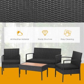 Costway 4PCS Patio Rattan Furniture Set Cushioned Chair Wooden Tabletop Black