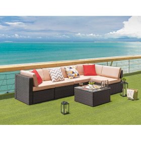Lacoo 6 Pieces Outdoor Sectional Sofa Set PE Wicker Rattan Sectional Seating Group with Cushions and Table, Beige