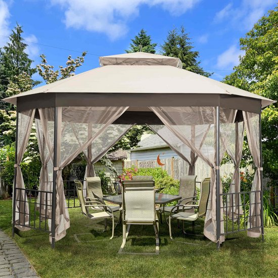 Costway 10\'x12\' Patio Gazebo Canopy Shelter Double Top Netting Sidewalls Beige