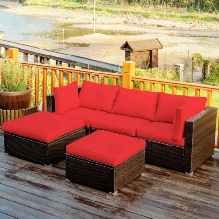 Costway 5PCS Patio Rattan Furniture Set Sectional Conversation Set Ottoman Table Red