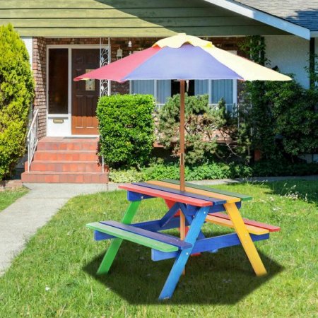 Costway 4 Seat Kids Picnic Table w/Umbrella Garden Yard Folding Children Bench Outdoor