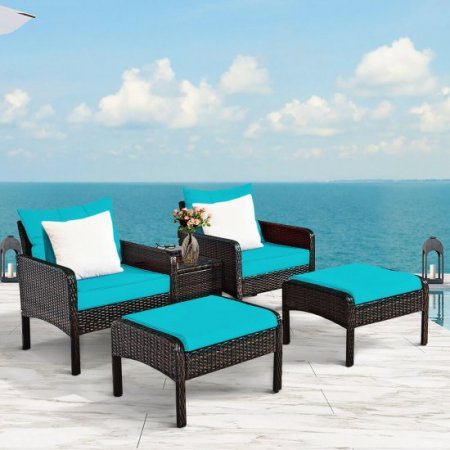 5 PCS Patio Rattan Furniture Set Sofa Ottoman Table Cushioned Turquoise