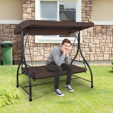 Costway Converting Outdoor Swing Canopy Hammock 3 Seats Patio Deck Furniture Brown