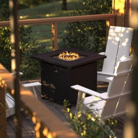 Flash Furniture Olympia 28" Square 50,000 BTU Outdoor Propane Gas Fire Pit Table with Stainless Steel Tabletop, Lid, Lava Rocks, and Steel Wicker Detail Base Black