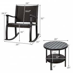 Costway 3PCS Patio Rattan Rocking Chair Bistro Set Coffee Table Storage Shelf