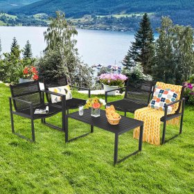 Costway 4PCS Patio Furniture Conversation Set Sofa Loveseat Armrest Garden Deck,Hard Crafted PE Rattan