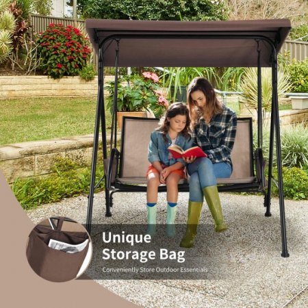 Costway 2 Seat Patio Porch Swing with Adjustable Canopy Storage Pockets Brown