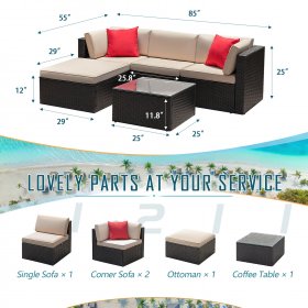 LACOO 5 Pieces Patio Sectional Set PE Rattan Outdoor All-Weather Wicker Conversation Set with Table, Beige