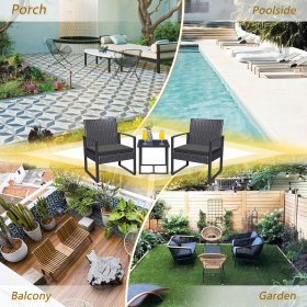 Devoko 3 Pieces Clearance Outdoor Patio Conversation Set Outdoor Bistro Set PE Rattan Cushioned Chairs Set Bistro Chairs with Table, Black