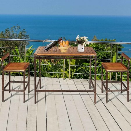 Costway 3 PCS Patio Rattan Wicker Bar wood Table Chair Outdoor