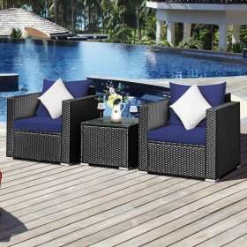 Costway 3PCS Patio Rattan Wicker Furniture Set Sofa Table W/Cushion Yard Navy