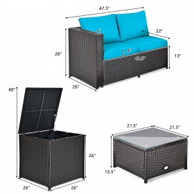 Costway 4PCS Outdoor Patio Rattan Furniture Set Cushion Loveseat Storage Table Turquoise