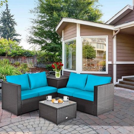 Costway 4PCS Outdoor Patio Rattan Furniture Set Cushion Loveseat Storage Table Turquoise