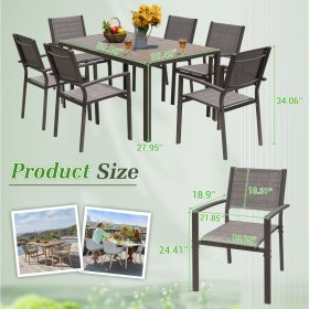 Devoko 7 Pieces Patio Dining Set Outdoor Furniture Set 6 Stackable Textilene Armchairs with Rectangular Table, Gray