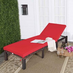 Costway 2PCS Outdoor Rattan Lounge Chair Chaise Recliner Adjustable Cushioned Patio Red