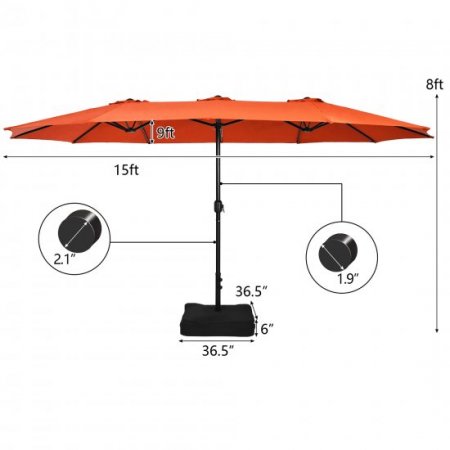 Costway 15FT Double-Sided Twin Patio Umbrella Outdoor Market W/ Crank & Base Orange