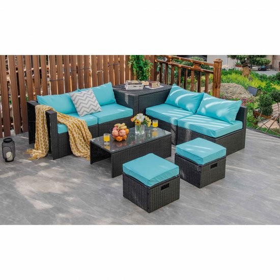 Costway 8PCS Patio Rattan Furniture Set Storage Table Ottoman Turquoise cover