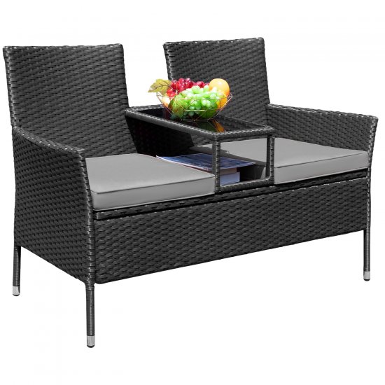 LACOO Outdoor Patio Loveseat Modern Wicker Patio Conversation Furniture Set with Cushions and Built-in Coffee Table Porch Furniture for Garden Lawn Backyard, Gray