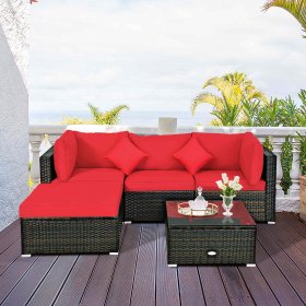Costway 5PCS Outdoor Patio Rattan Furniture Set Sectional Conversation W/Red Cushions