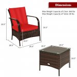 Costway 3 PCS Patio Rattan Furniture Set Coffee Table & 2 Rattan Chair W/Red Cushions