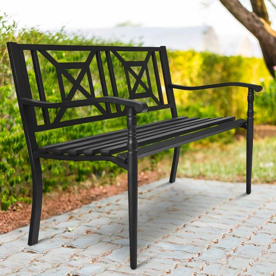 Costway Patio Garden Bench Steel Frame Park Yard Outdoor Furniture Porch Chair Black