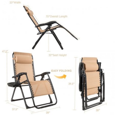 2PC Zero Gravity Chair Oversize Lounge Patio Heavy Duty Folding Recliner Beige