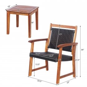 Costway 3PCS Patio Rattan Bistro Set Acacia Wood Frame Armrest Chairs Garden