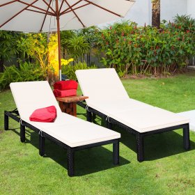Costway 2PCS Patio Garden Rattan Lounge Chair Chaise Couch Cushioned Height Adjustable White