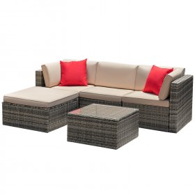 Lacoo 5 Pieces Patio Sectional Sofa Sets All-Weather PE Rattan Conversation Sets With Glass Table, Gray