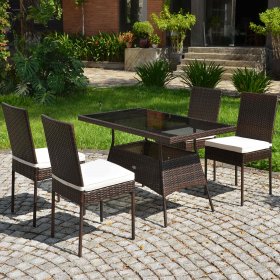 Costway 5 PCS Patio Rattan Dining Set Glass Table High Back Chair Garden Deck Mix Brown