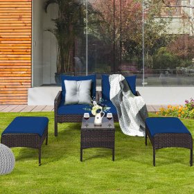 Costway 5 PCS Patio Rattan Wicker Furniture Set Sofa Ottoman Coffee Table Cushioned Navy