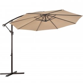 Costway 10' Hanging Umbrella Patio Sun Shade Offset Outdoor Market W/t Cross Base Beige
