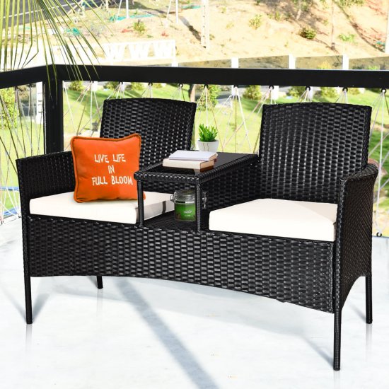 Costway Patio Rattan Conversation Set Seat Sofa Cushioned Loveseat Glass Table Chairs