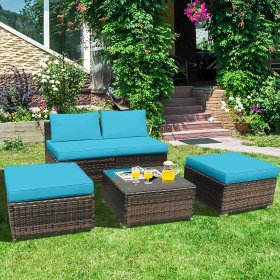 Costway 5PCS Patio Rattan Wicker Furniture Set Armless Sofa Ottoman Cushioned Turquoise