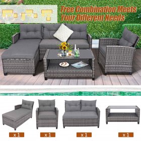 Costway 4PCS Patio Rattan Furniture Set Cushioned Loveseat Table Shelf Gray