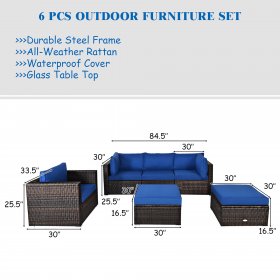 6PCS Patio Rattan Furniture Set Sectional Cushion Sofa Coffee Table Ottoman Navy