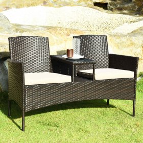 Costway Patio Rattan Conversation Set Loveseat Sofa Cushioned Coffee Table Mix Brown