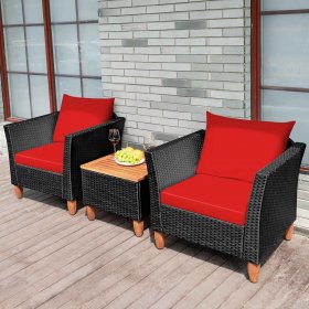 Costway 3PCS Outdoor Patio Rattan Furniture Set Wooden Table Top Cushioned Sofa Red