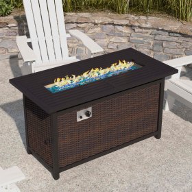 Flash Furniture Olympia 45" x 25" Outdoor Propane Gas 50,000 BTU Fire Pit Table with Stainless Steel Tabletop, Lid, Glass Beads, Wicker Base-Espresso/Black