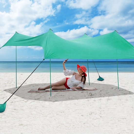 Costway Family Beach Tent Canopy w/ 4 Poles Sandbag Anchors 10\'x9\' UPF50+ Green