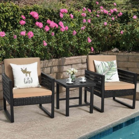 Costway 3PCS Patio Rattan Bistro Furniture Set Cushioned Sofa Chair Coffee Table Garden