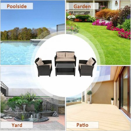 Costway 4PCS Outdoor Rattan Furniture Set Cushioned Sofa Armrest Chair Lower Shelf Brown