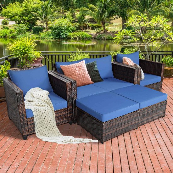 Costway 5PCS Patio Rattan Furniture Set Loveseat Sofa Ottoman Cushioned Navy